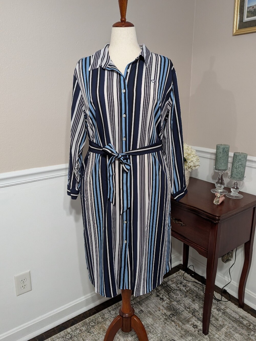 Chase Bank Lands End Apparel Navy Striped Shirt Dress